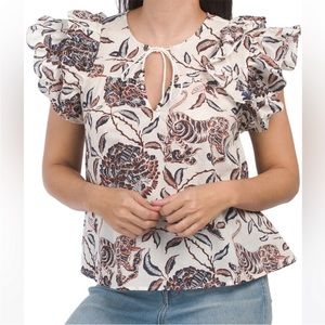 House of Harlow 1960 Boho Animal Print Ruffle Peasant Top